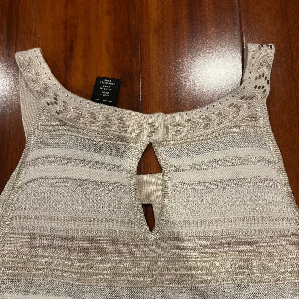 WHBM Knit‎ Tank Top White House Black Market Beaded Beige Metallic Stripe Small